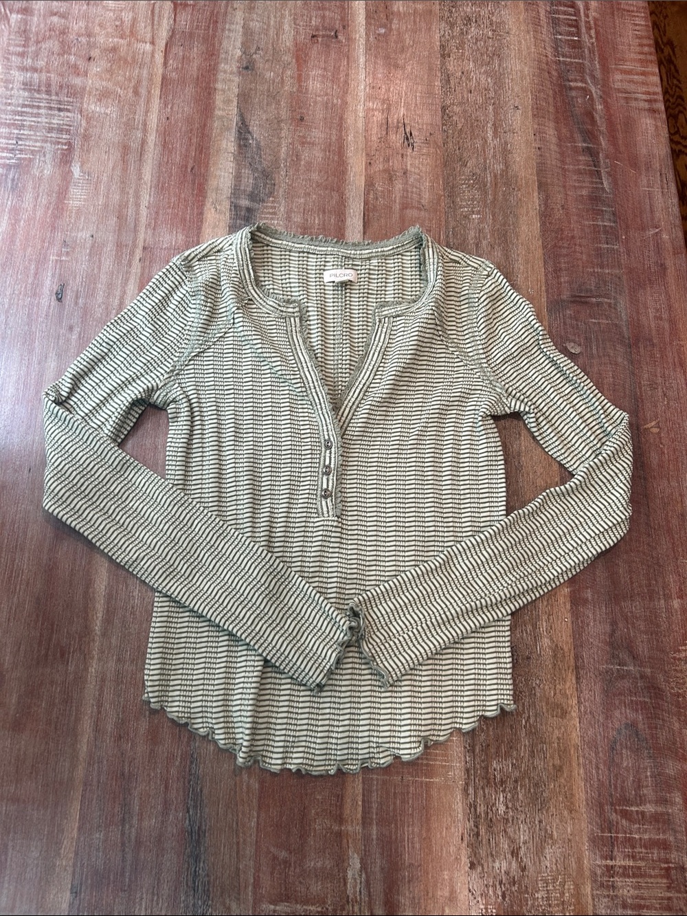 Pilcro Evergreen and Ivory Striped Deep-V Button Henley with Lettuce Hems